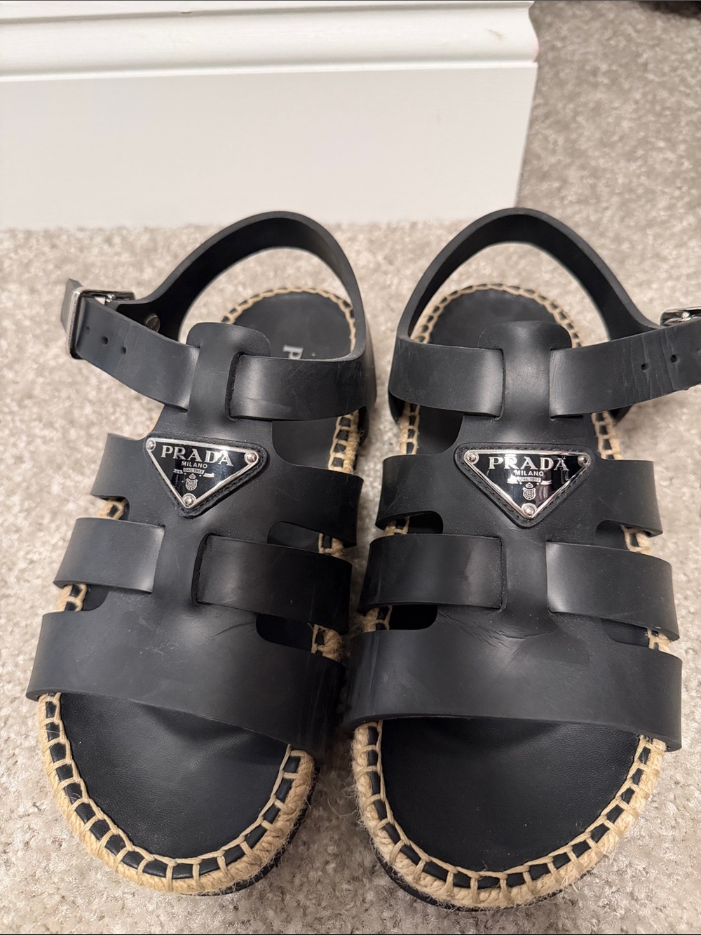 Prada Black Leather Strappy Espadrille Sandals